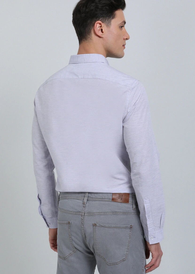 Purple Slim Fit Weaving Casual Cotton Blended Shirt - 5