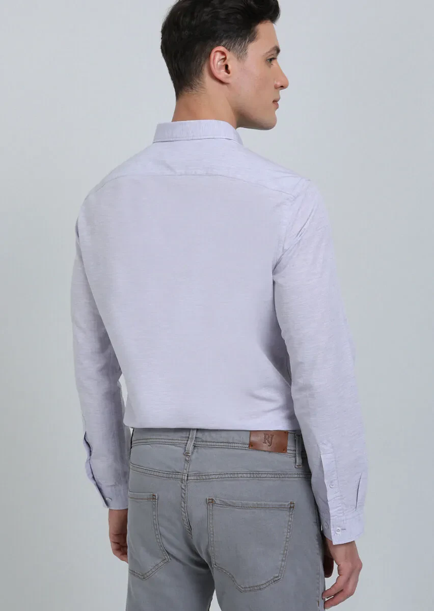 Purple Slim Fit Weaving Casual Cotton Blended Shirt - 5