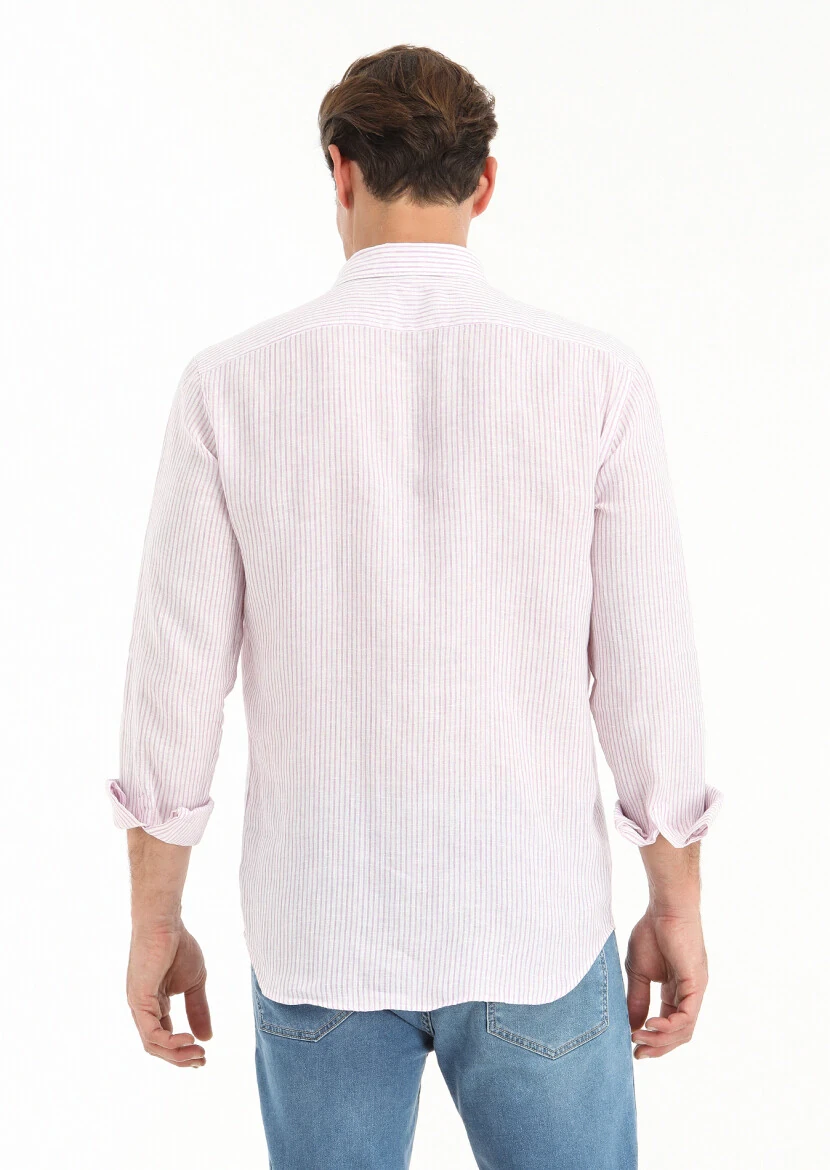 Purple Striped Regular Fit Weaving Casual 100% Linen Shirt - 4