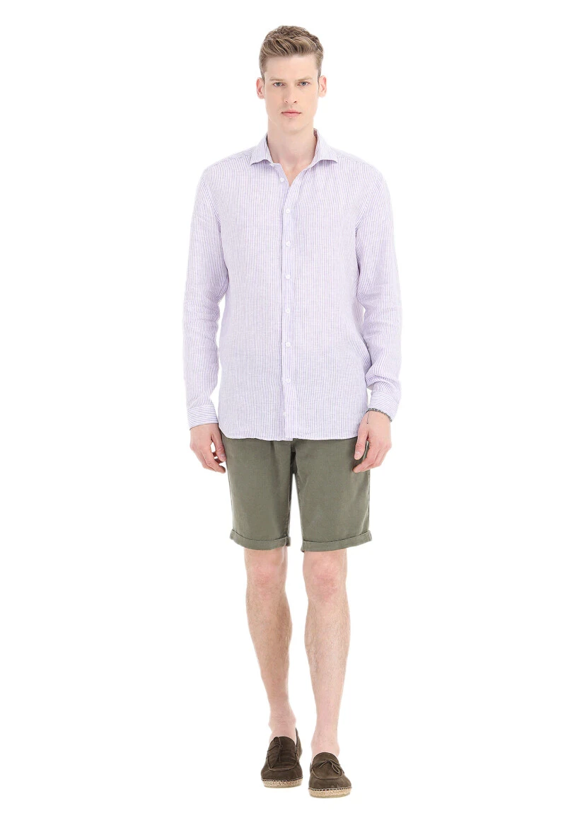 Purple Striped Regular Fit Weaving Casual 100% Linen Shirt - 1