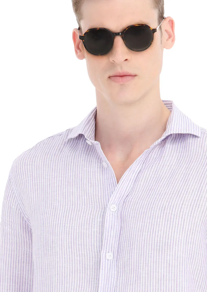 Purple Striped Regular Fit Weaving Casual 100% Linen Shirt - 3