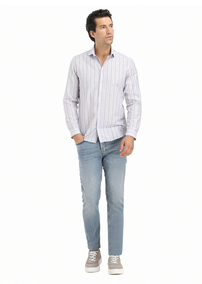 Purple Striped Regular Fit Weaving Casual Cotton Blended Shirt - RAMSEY