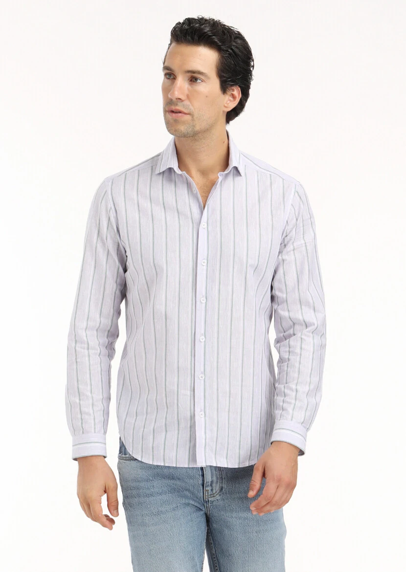 Purple Striped Regular Fit Weaving Casual Cotton Blended Shirt - RAMSEY