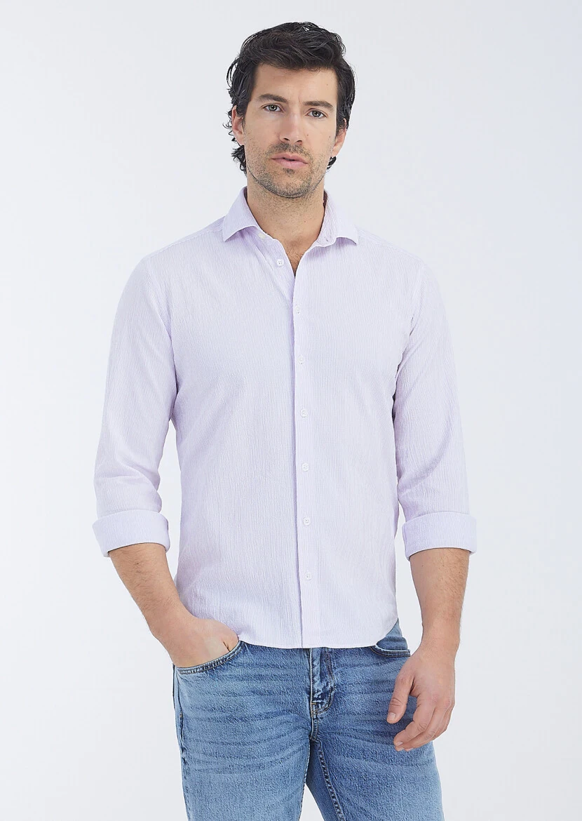 Purple Striped Regular Fit Weaving Casual Cotton Blended Shirt 