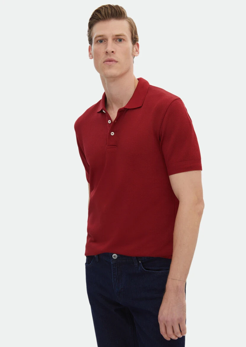 Red Jacquard Polo Neck 100% Cotton T-Shirt - RAMSEY