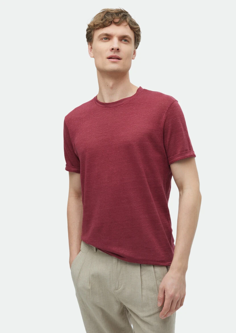 Red Plain Crew Neck 100% Linen T-Shirt - RAMSEY