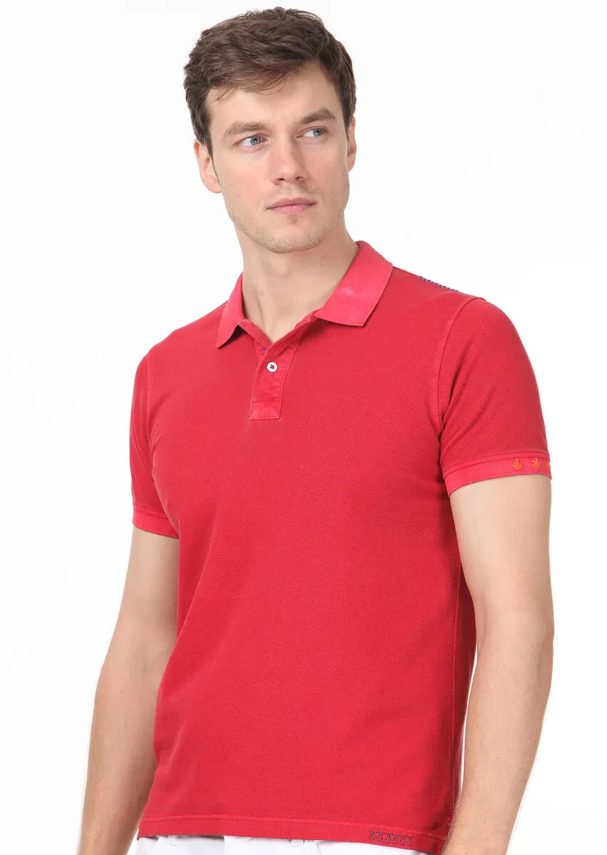 Red Plain Polo Neck 100% Cotton T-Shirt - 2