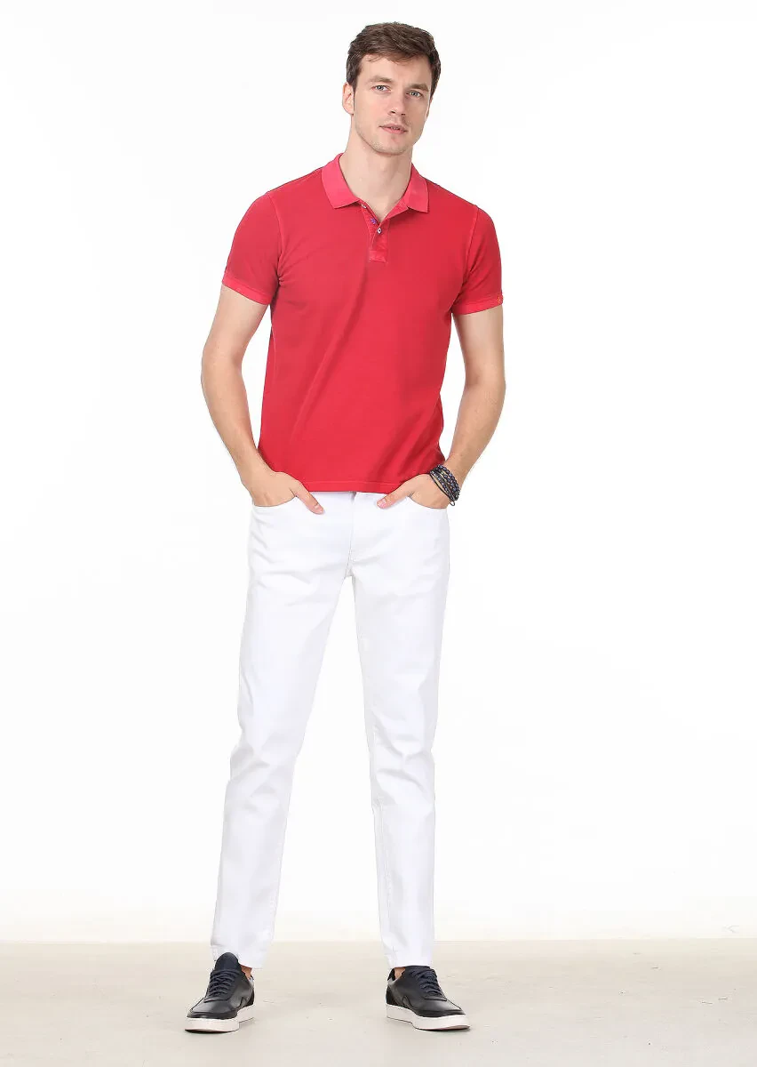 Red Plain Polo Neck 100% Cotton T-Shirt - 3