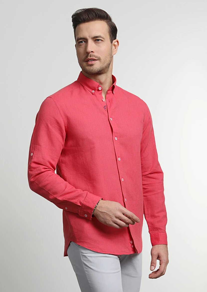Red Plain Regular Fit Weaving Casual Cotton Blended Shirt - 1