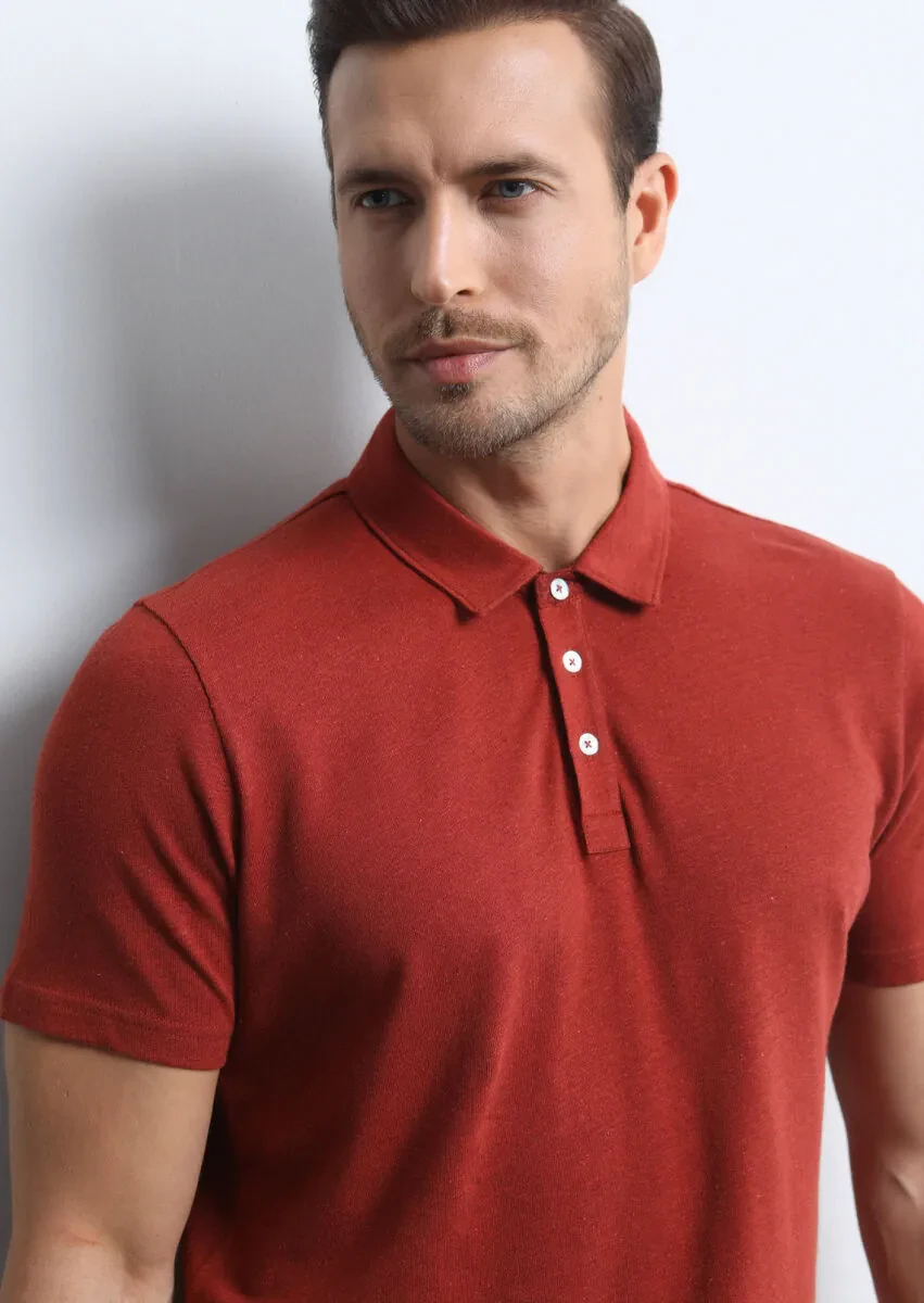 Red Printed Polo Neck Cotton Blended T-Shirt - 2