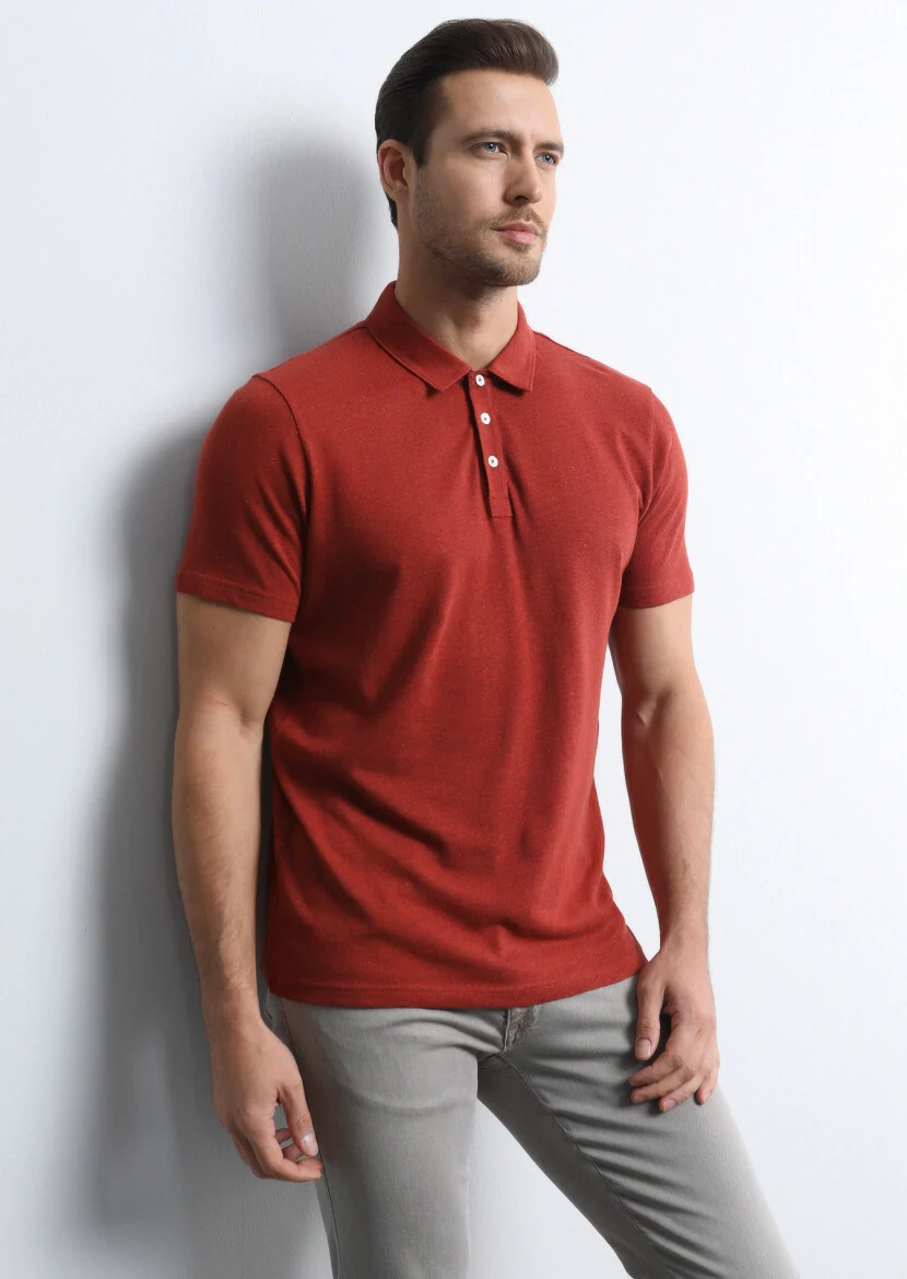 Red Printed Polo Neck Cotton Blended T-Shirt - 3
