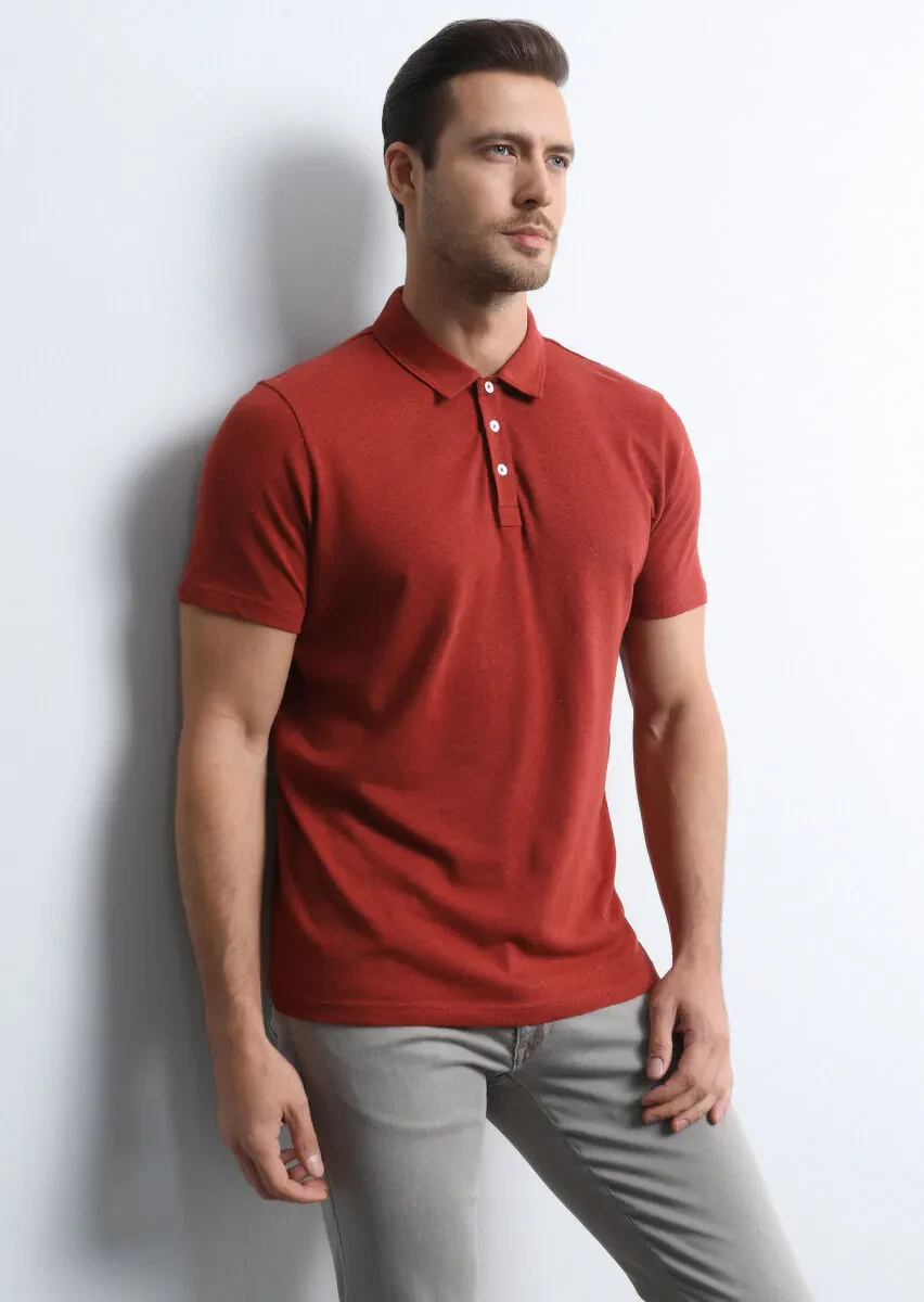 Red Printed Polo Neck Cotton Blended T-Shirt - 3