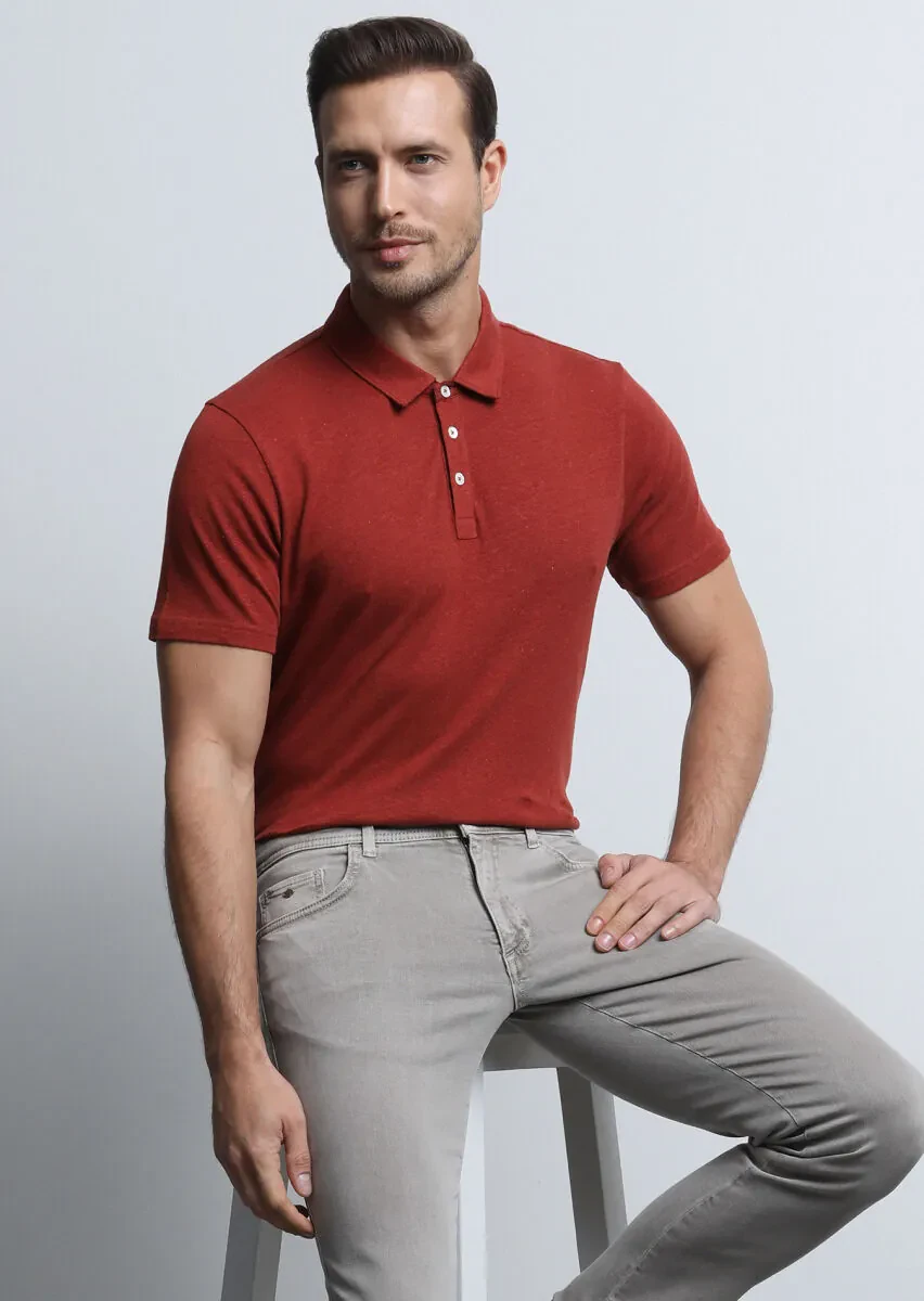 Red Printed Polo Neck Cotton Blended T-Shirt - 4