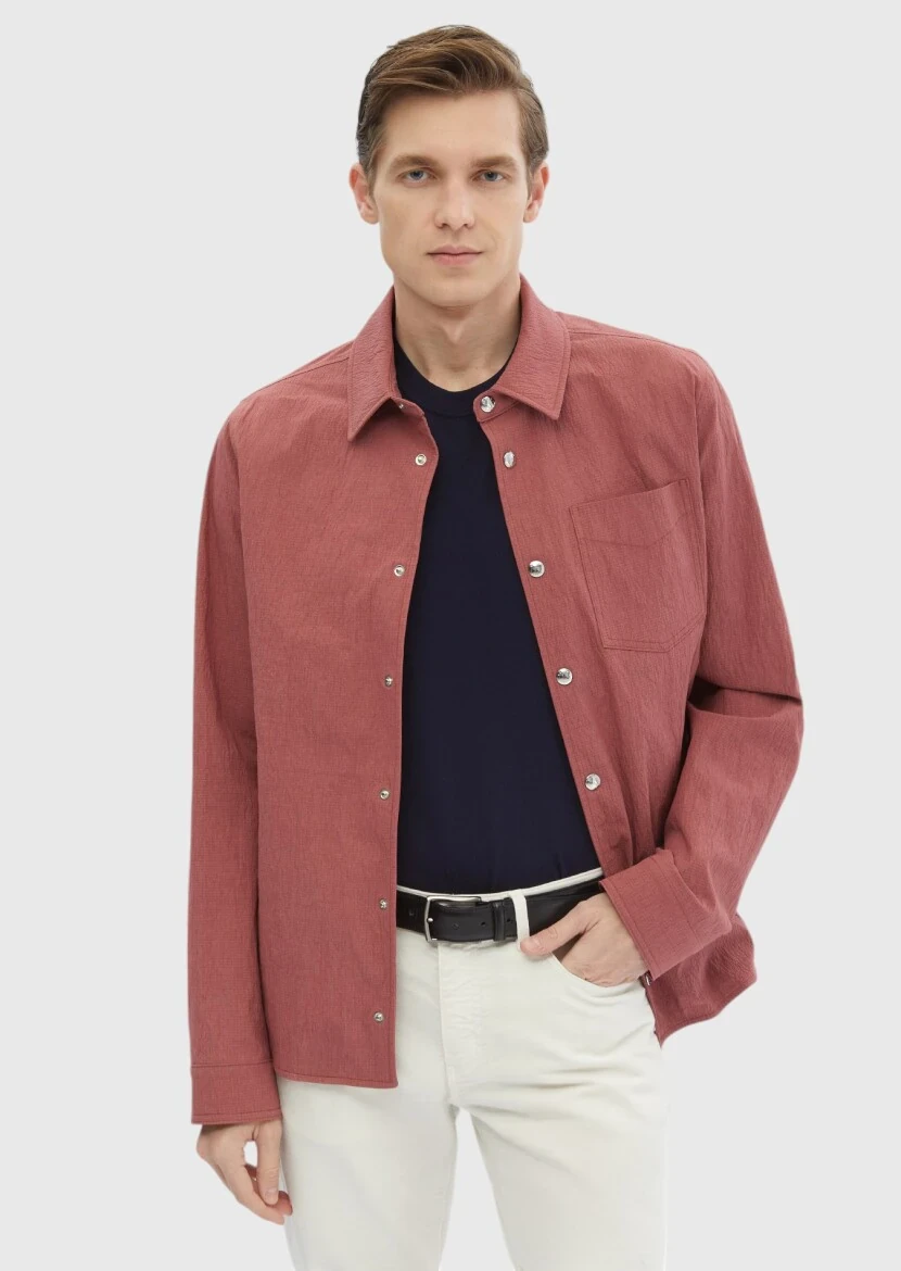 Red Regular Fit Shirt Collar Casual Weaving Coat - 3