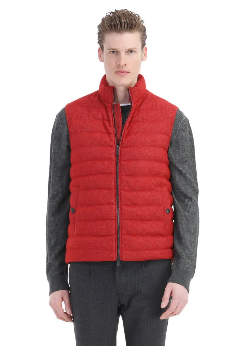 Red Regular Fit Turtleneck Casual Weaving Puffer Vest - 3