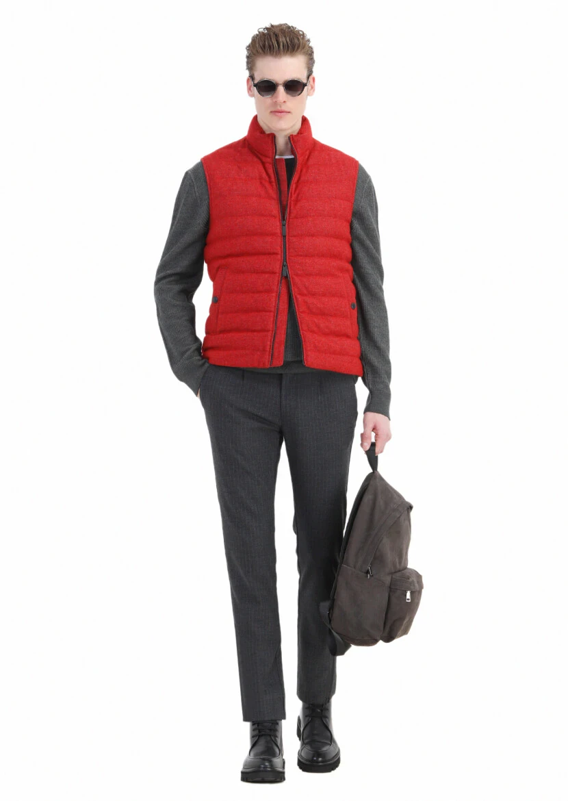 Red Regular Fit Turtleneck Casual Weaving Puffer Vest - 4