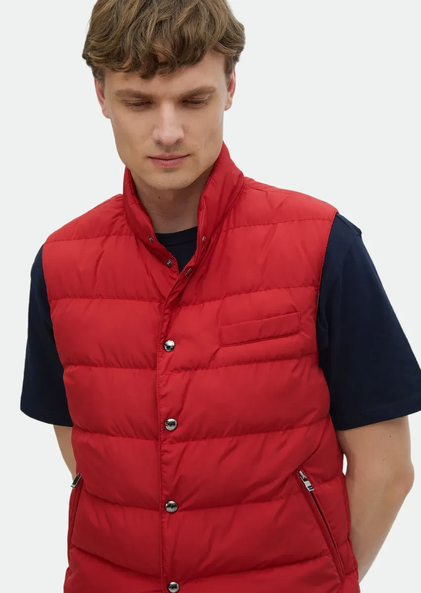 Red Regular Fit Turtleneck Casual Weaving Puffer Vest - 4