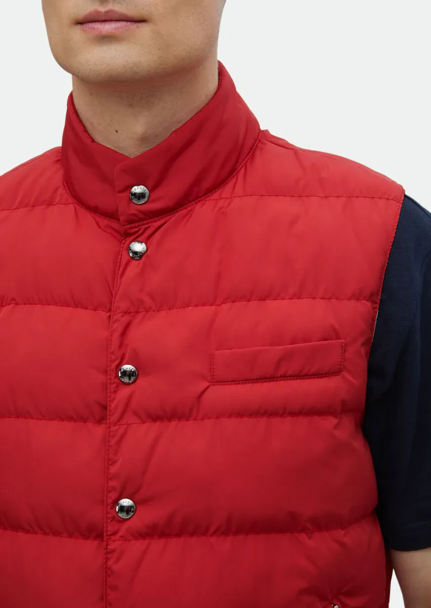 Red Regular Fit Turtleneck Casual Weaving Puffer Vest - 5