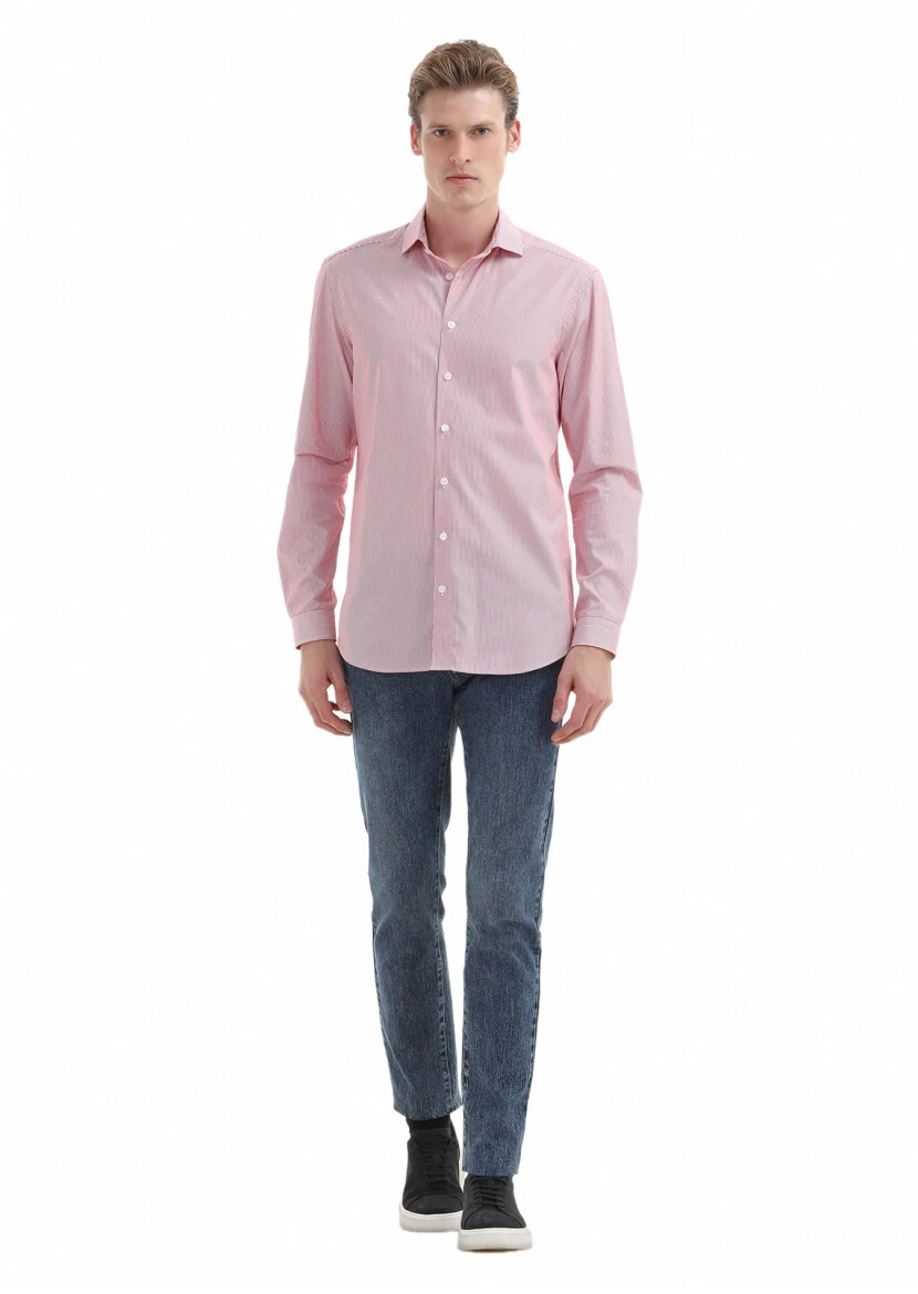 Red Striped Regular Fit Weaving Casual 100% Cotton Shirt - 1