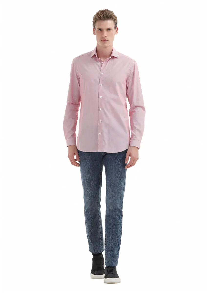 Red Striped Regular Fit Weaving Casual 100% Cotton Shirt - 1