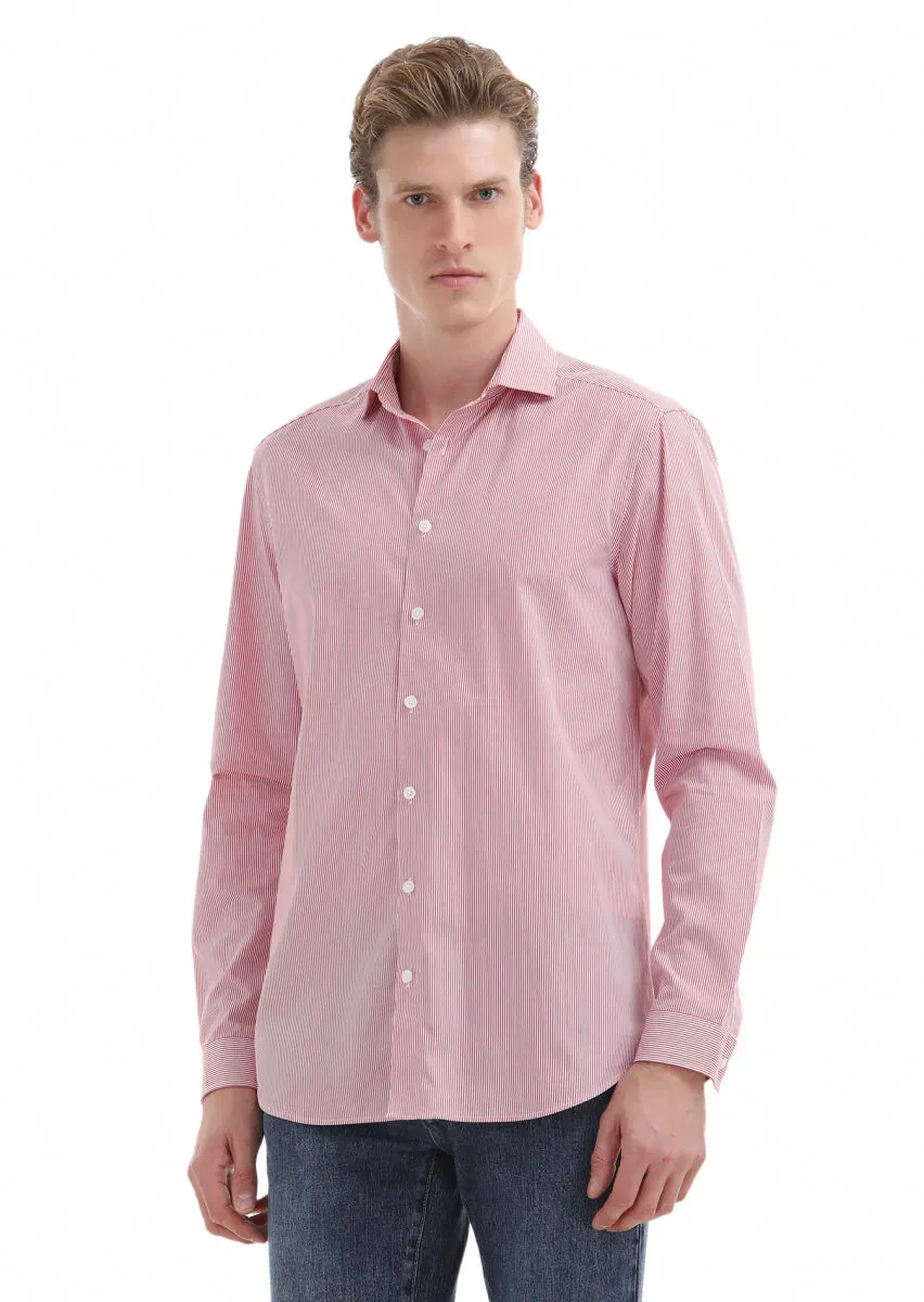 Red Striped Regular Fit Weaving Casual 100% Cotton Shirt - 2