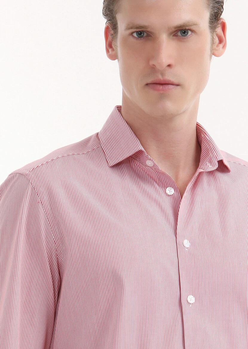 Red Striped Regular Fit Weaving Casual 100% Cotton Shirt - 3