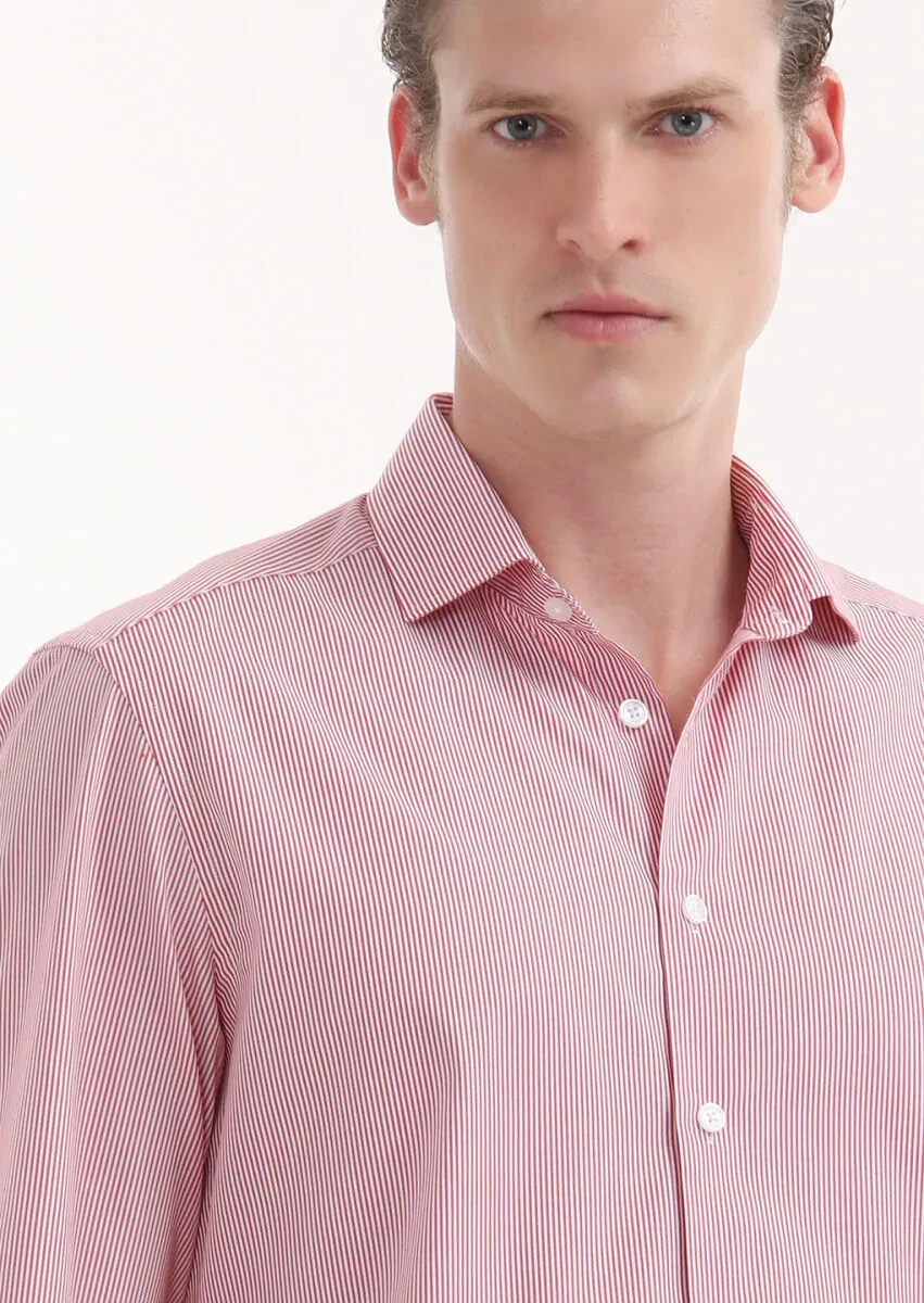 Red Striped Regular Fit Weaving Casual 100% Cotton Shirt - 3