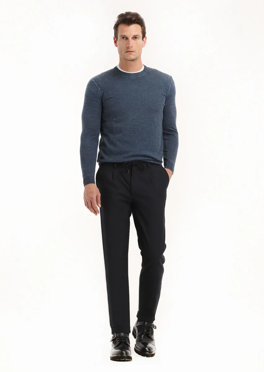 Renkli Bisiklet Yaka Düz Örgü %100 Yün Triko Kazak - 1