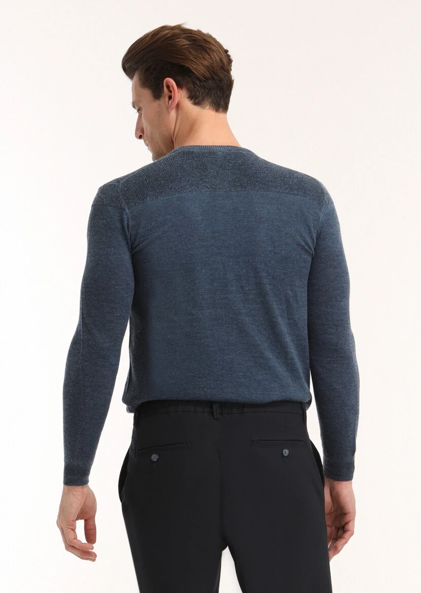 Renkli Bisiklet Yaka Düz Örgü %100 Yün Triko Kazak - 4