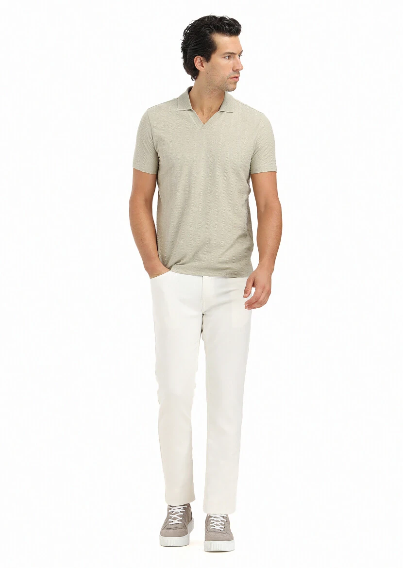 Reseda Green Jacquard Polo Neck 100% Cotton T-Shirt - 1