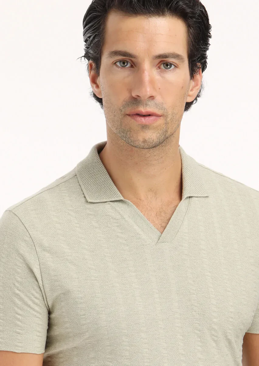 Reseda Green Jacquard Polo Neck 100% Cotton T-Shirt - 5