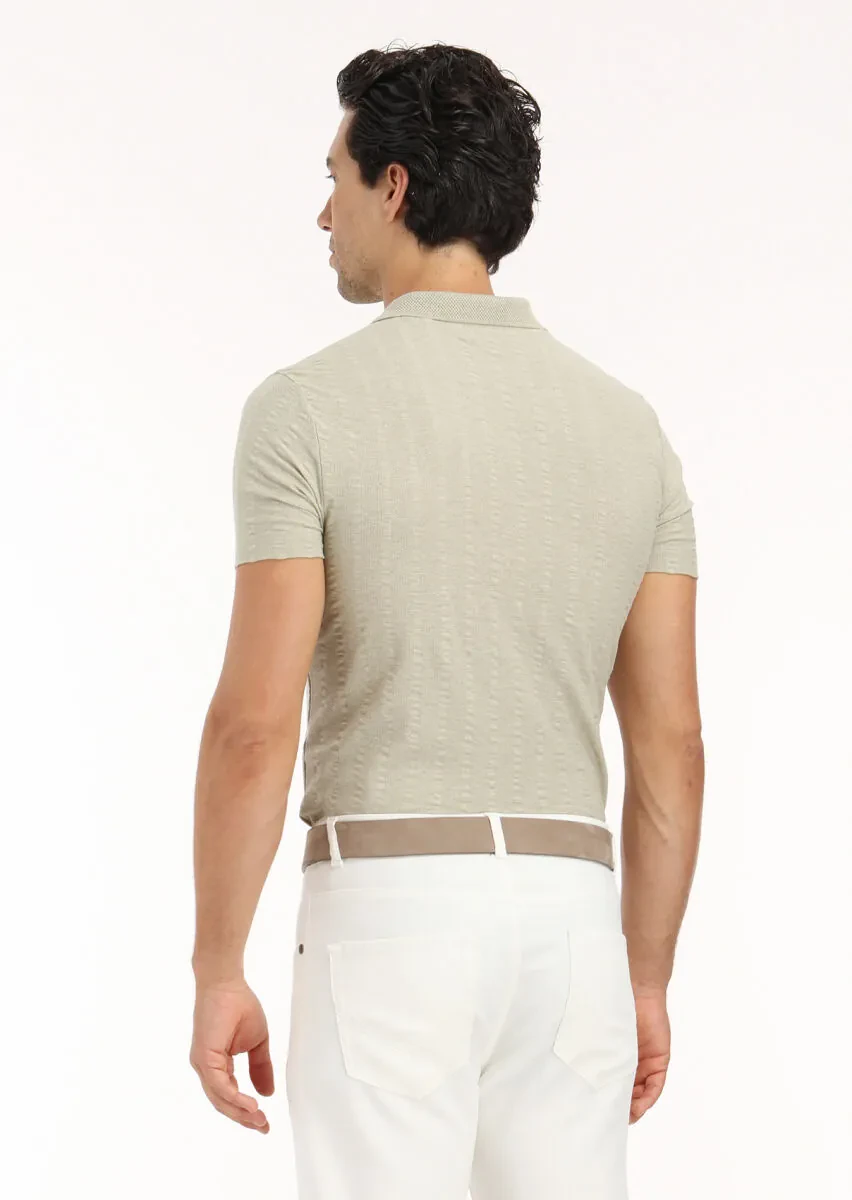 Reseda Green Jacquard Polo Neck 100% Cotton T-Shirt - 6