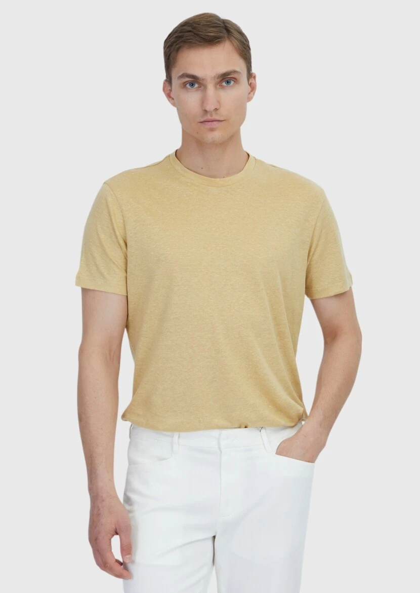 Saffron Plain Crew Neck 100% Linen T-Shirt - RAMSEY
