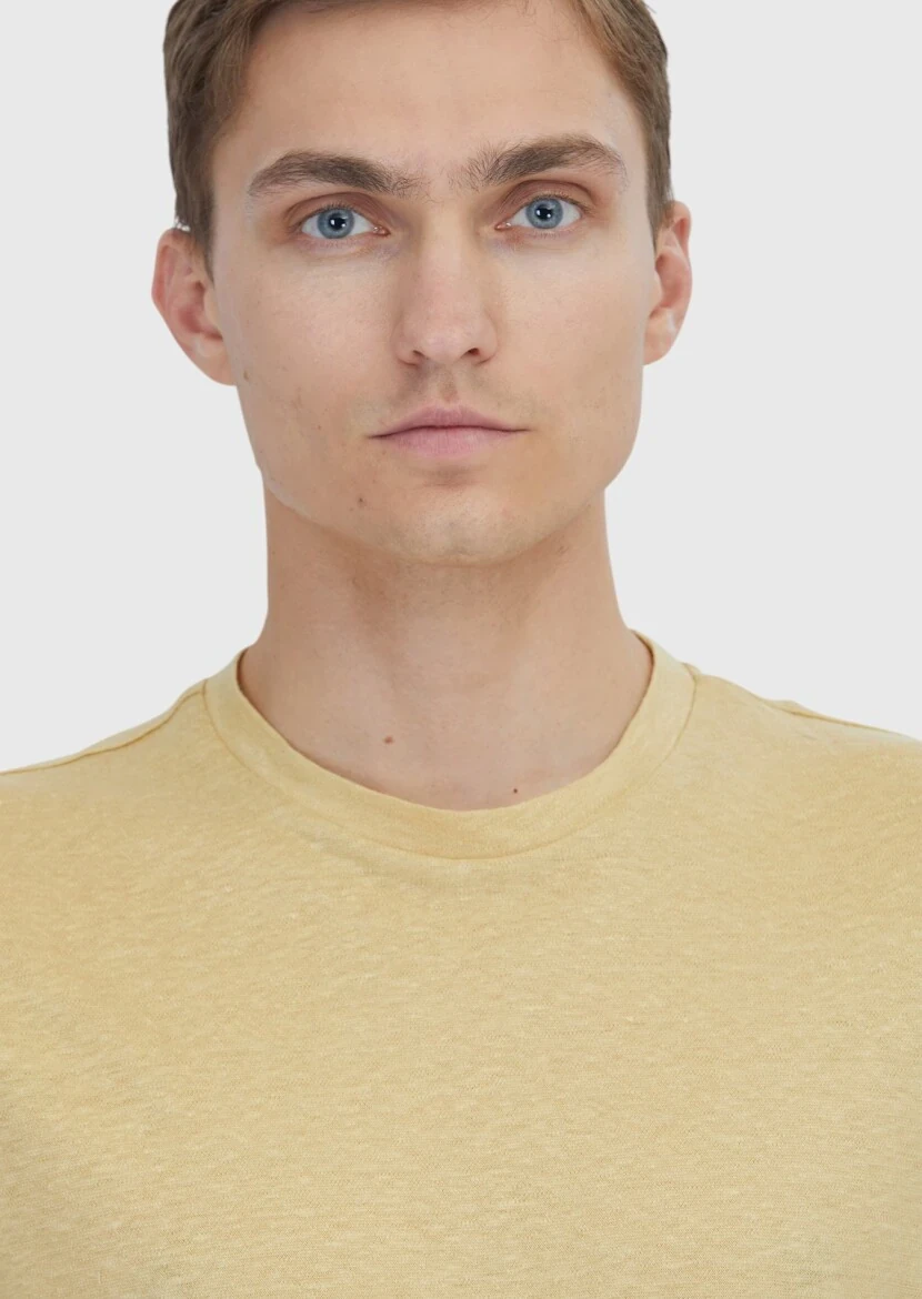 Saffron Plain Crew Neck 100% Linen T-Shirt - 4