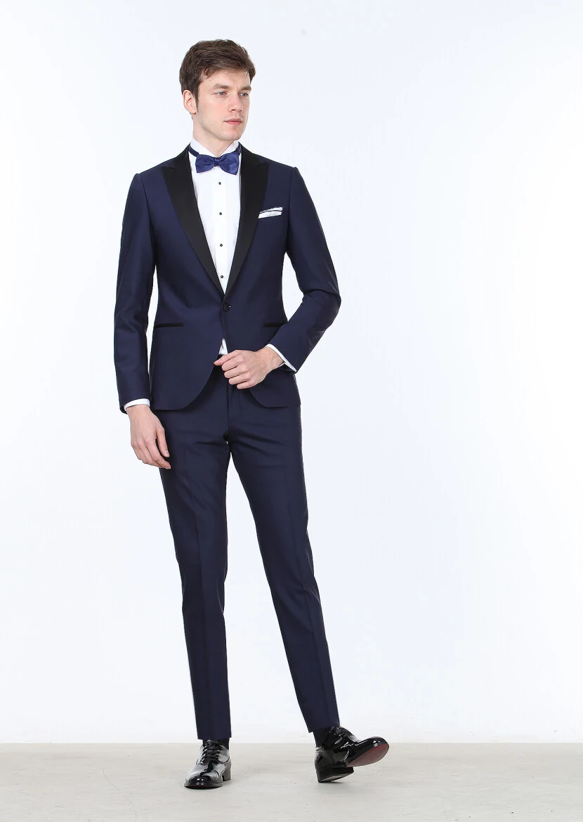 Saks Düz Fashion Slim Fit Kruvaze Yaka Dokuma Smokin Takım Elbise - RAMSEY