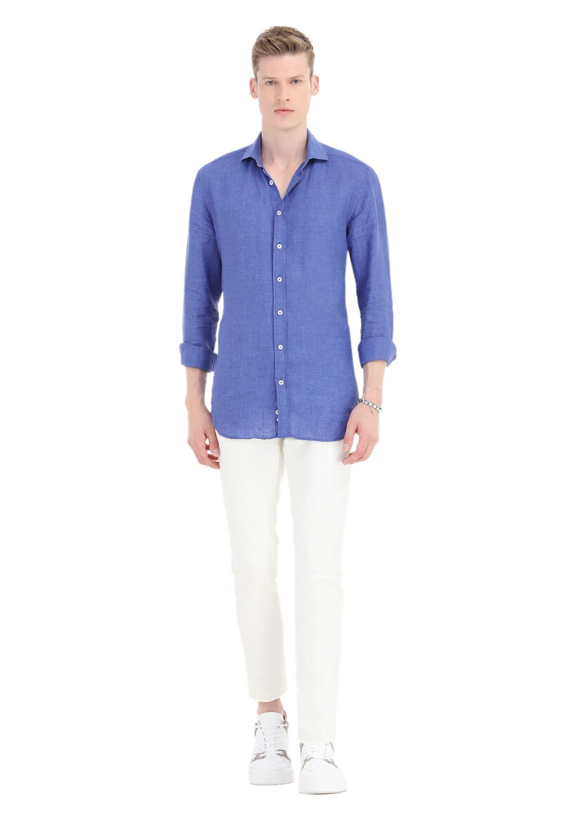 Saks Düz Regular Fit Dokuma Casual %100 Keten Gömlek - 1