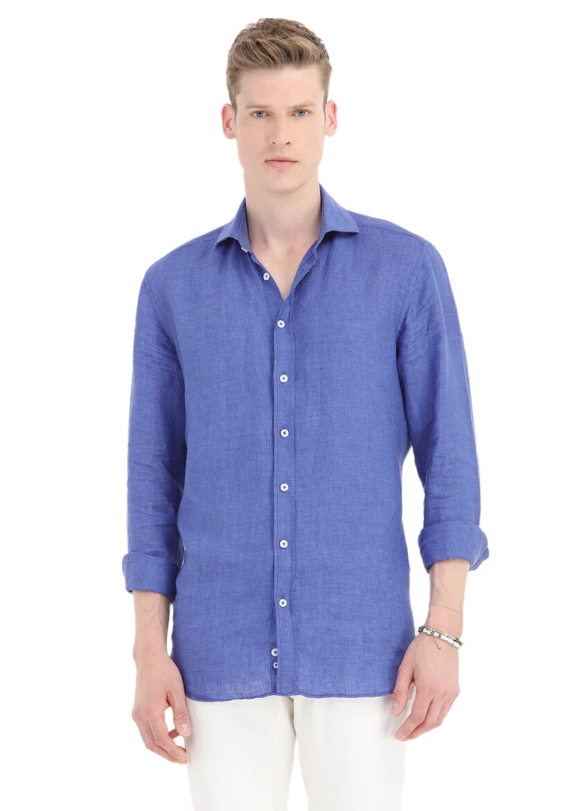 Saks Düz Regular Fit Dokuma Casual %100 Keten Gömlek - 2