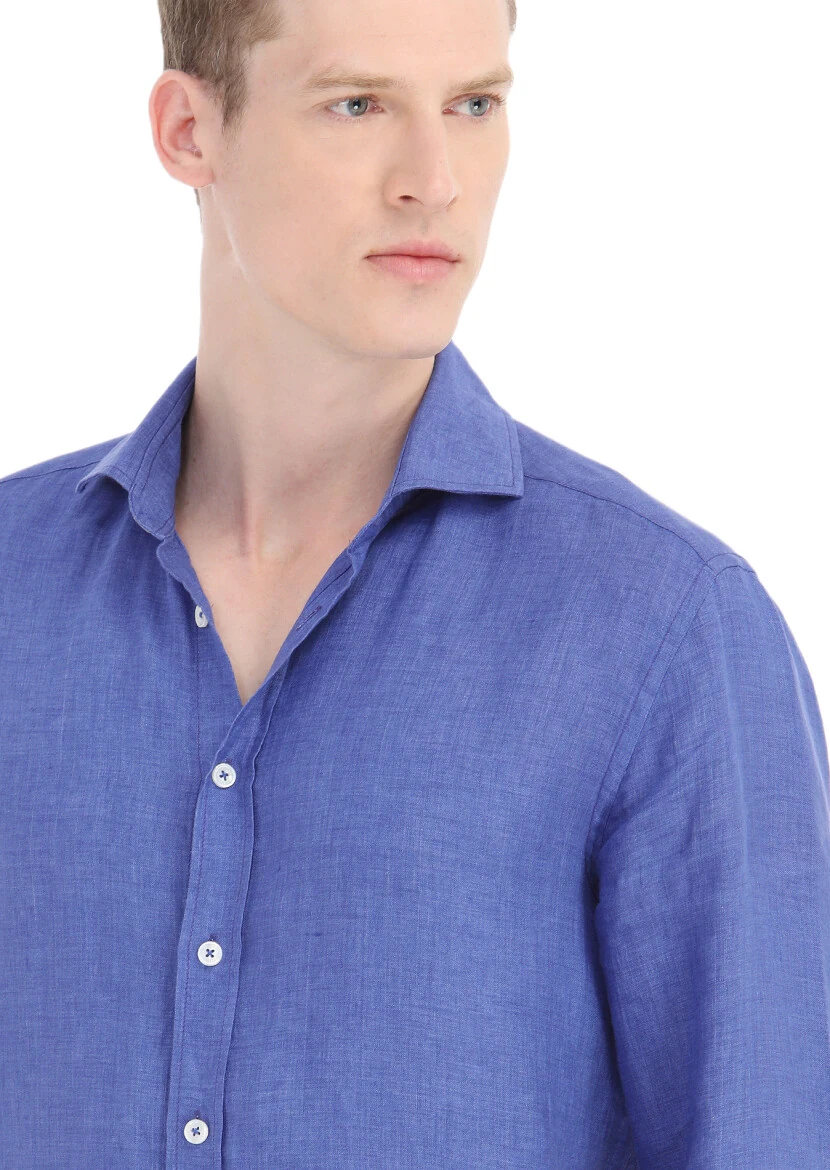 Saks Düz Regular Fit Dokuma Casual %100 Keten Gömlek - 3