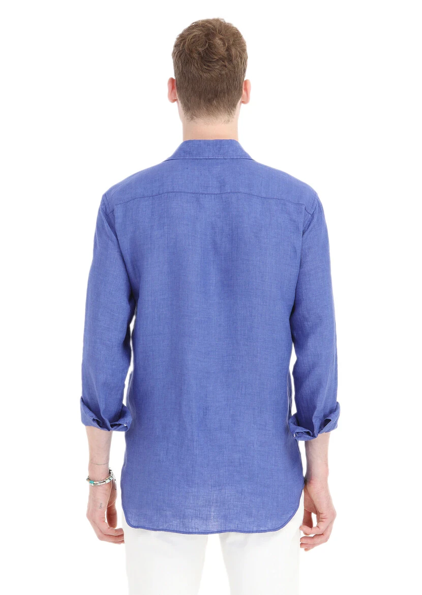 Saks Düz Regular Fit Dokuma Casual %100 Keten Gömlek - 4