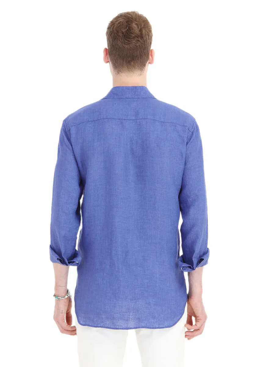 Saks Düz Regular Fit Dokuma Casual %100 Keten Gömlek - 4