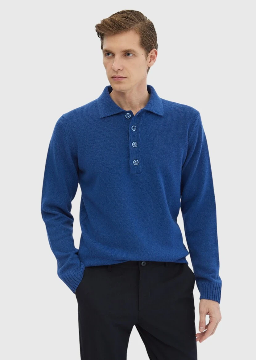 Erkek Saks Polo Yaka Düz Örgü Yün Karışımlı Triko Kazak | RAMSEY