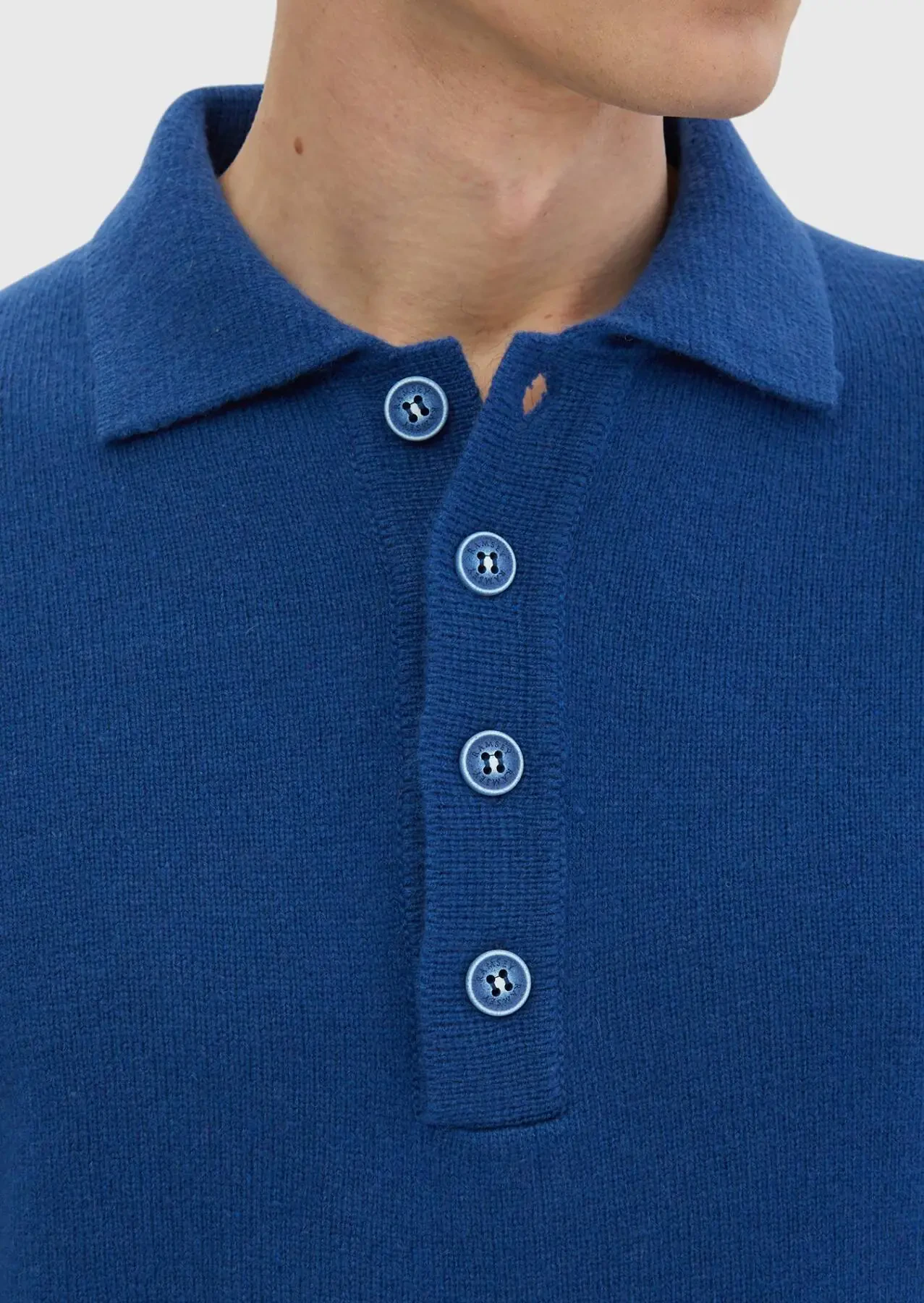 Erkek Saks Polo Yaka Düz Örgü Yün Karışımlı Triko Kazak | RAMSEY