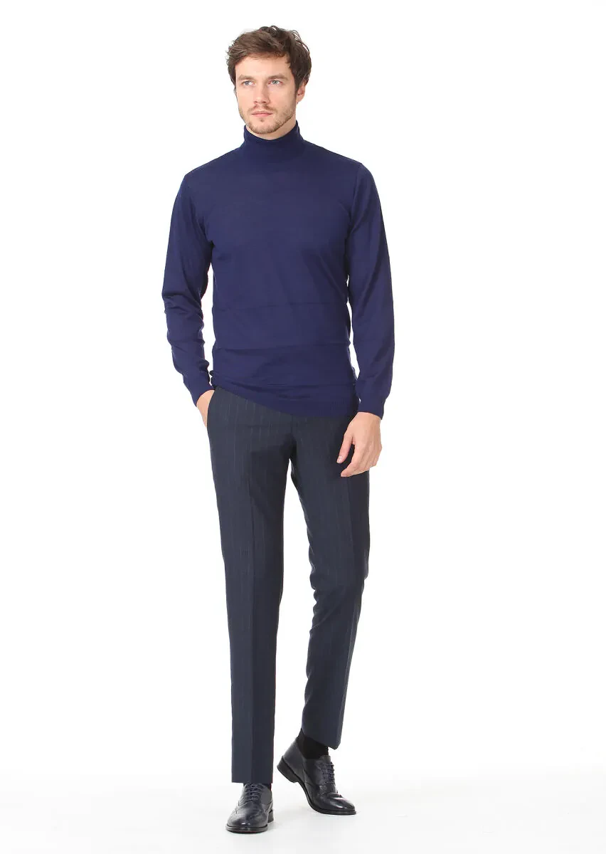 Saks Tam Balıkçı Yaka Düz Örgü Yün Karışımlı Triko Kazak - 3