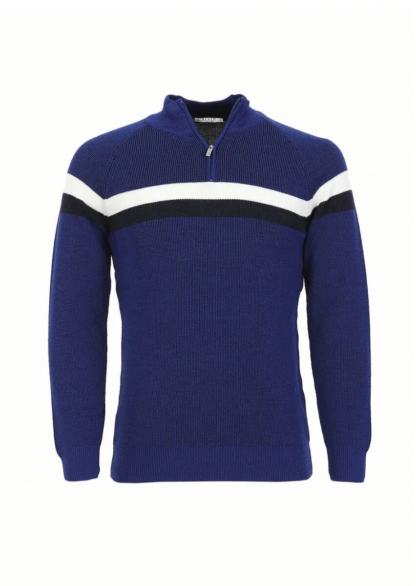 Saks Yarım Balıkçı Yaka Çizgili Yün Karışımlı Triko Kazak - 6