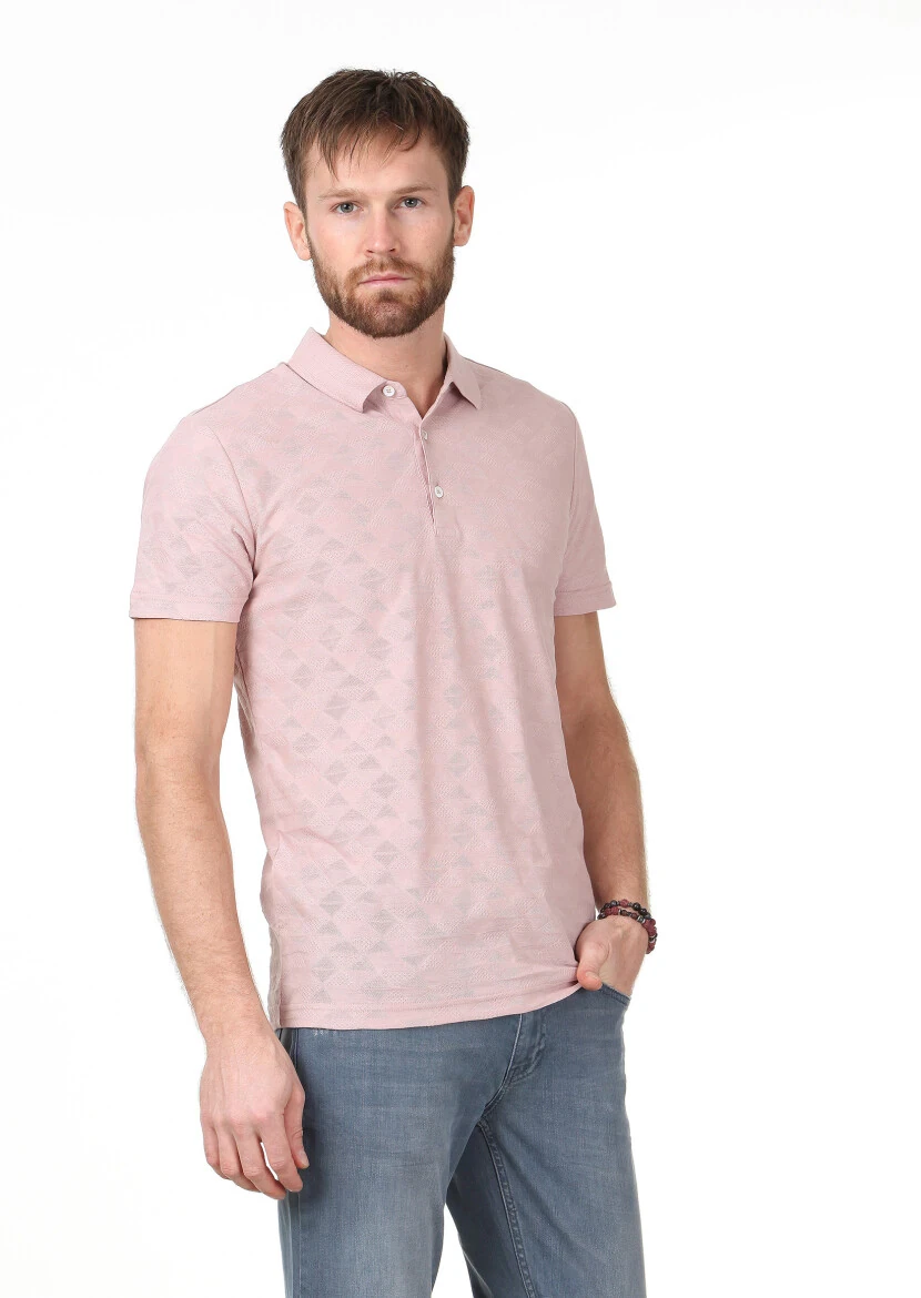 Salmon Jacquard Polo Neck 100% Cotton T-Shirt - 1
