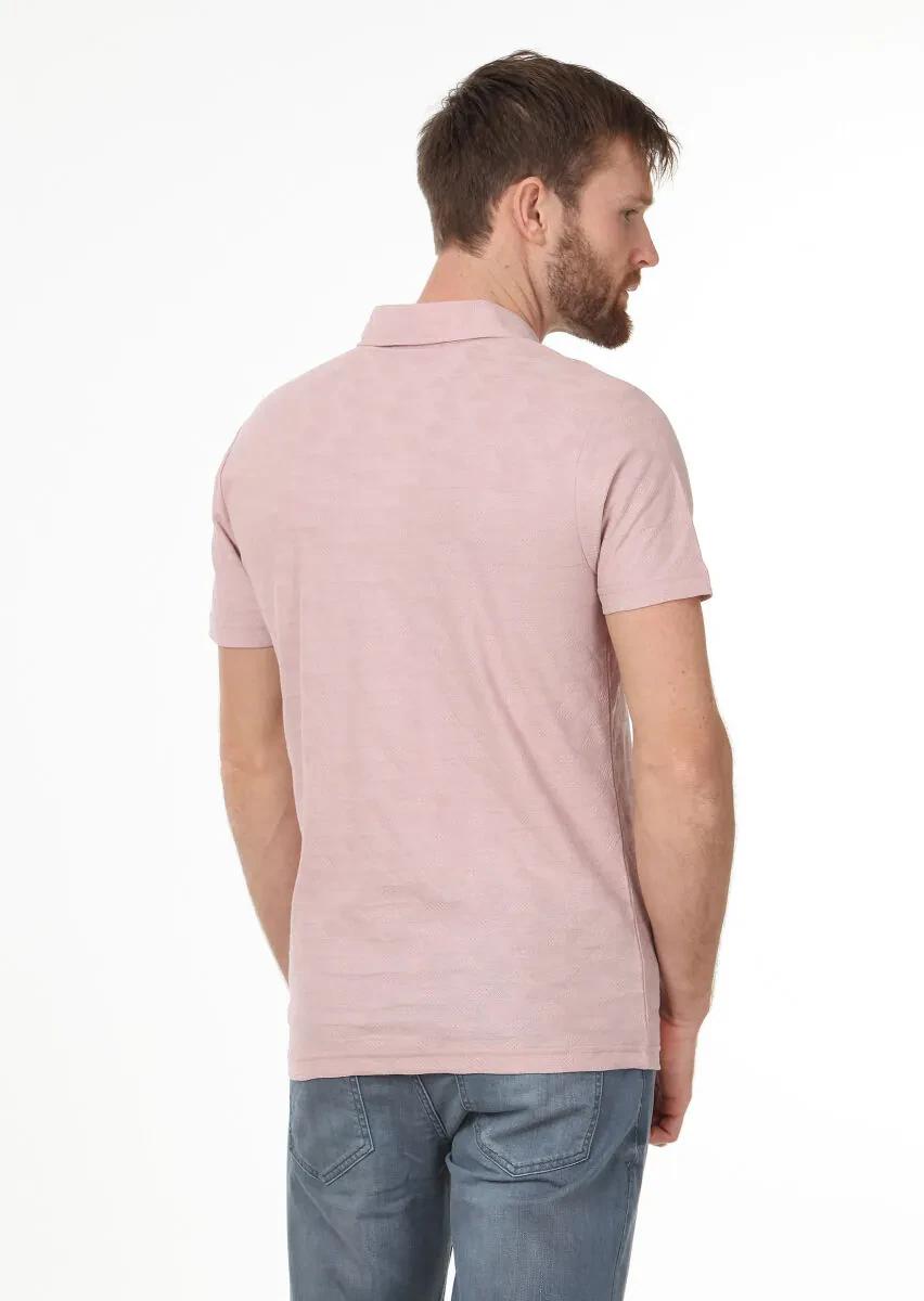 Salmon Jacquard Polo Neck 100% Cotton T-Shirt - 4
