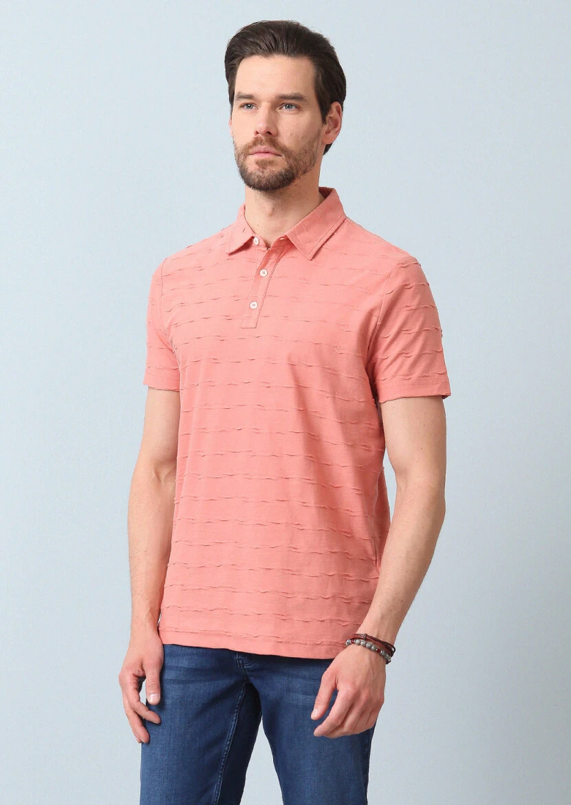Salmon Jacquard Polo Neck 100% Cotton T-Shirt - 3