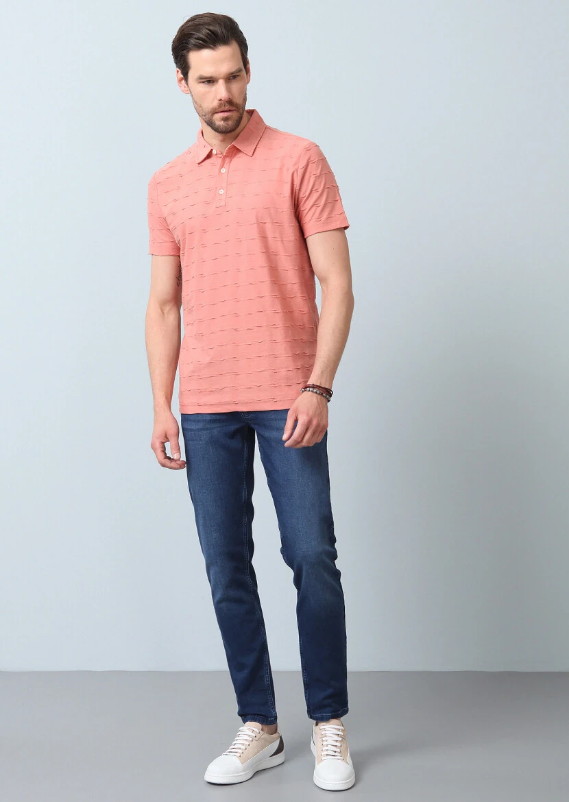 Salmon Jacquard Polo Neck 100% Cotton T-Shirt - 4