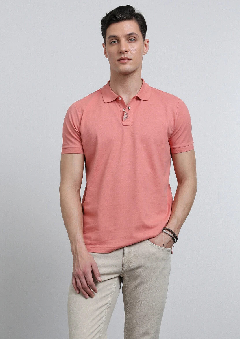 Salmon Polo Neck 100% Cotton T-Shirt - 1