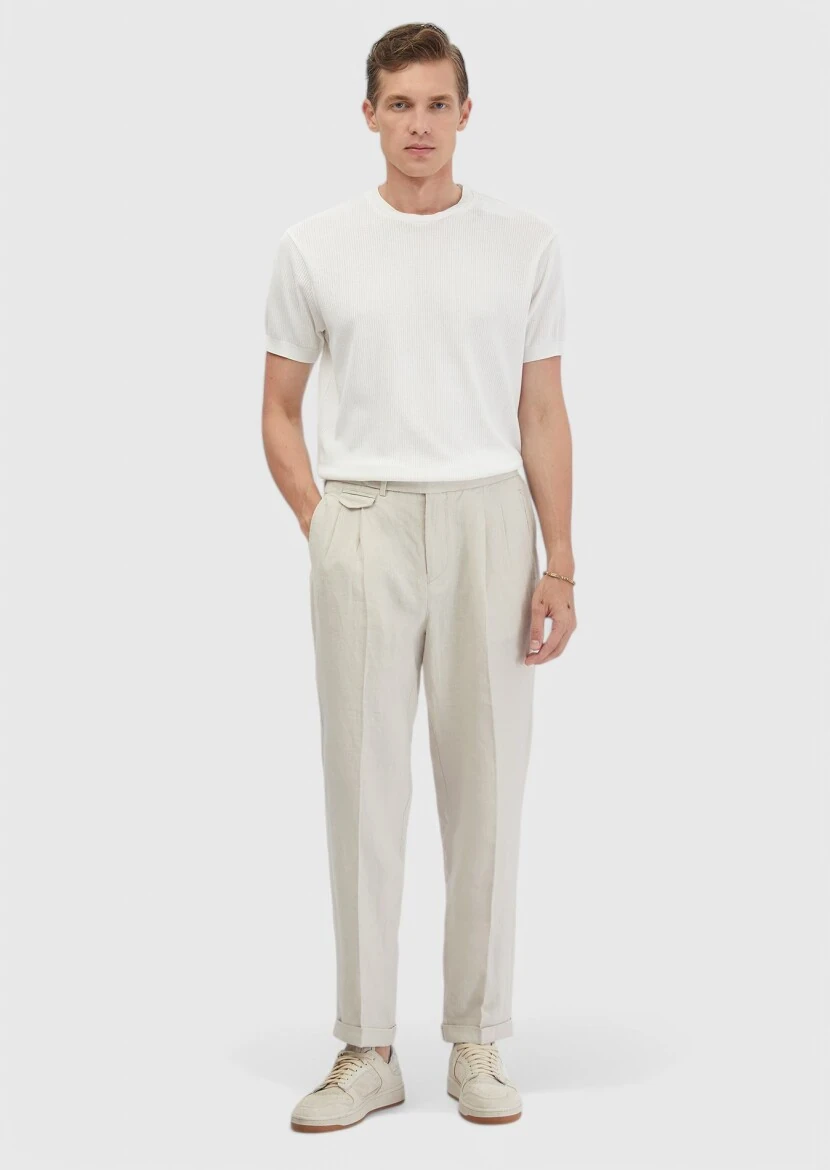 Sandy Weaving Carrot Fit Casual 100% Linen Trousers - RAMSEY